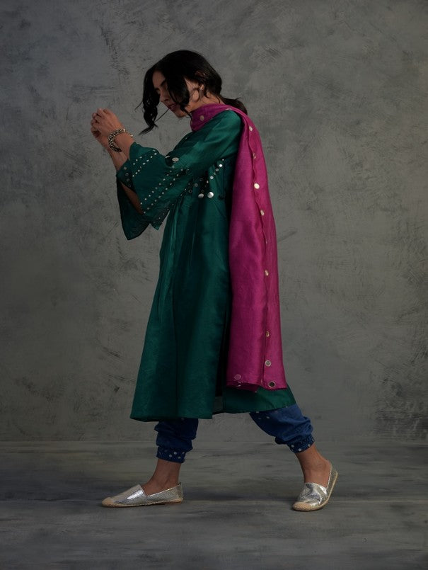 Pop Green kurta Set With Jogger by Charkhee with Chanderi, Cotton, Embellished, Ethnic Wear, Green, Indian Wear, Kurta Salwar Sets, Kurta Set With Dupatta, Mirror Work, Natural, Relaxed Fit, Tyohaar by Charkhee, Womenswear at Kamakhyaa for sustainable fashion