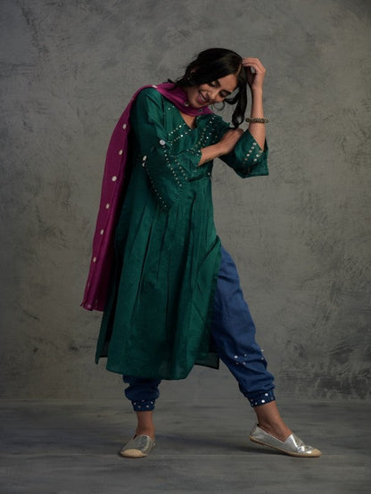 Pop Green kurta Set With Jogger by Charkhee with Chanderi, Cotton, Embellished, Ethnic Wear, Green, Indian Wear, Kurta Salwar Sets, Kurta Set With Dupatta, Mirror Work, Natural, Relaxed Fit, Tyohaar by Charkhee, Womenswear at Kamakhyaa for sustainable fashion