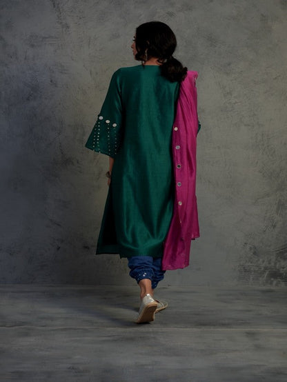 Pop Green kurta Set With Jogger by Charkhee with Chanderi, Cotton, Embellished, Ethnic Wear, Green, Indian Wear, Kurta Salwar Sets, Kurta Set With Dupatta, Mirror Work, Natural, Relaxed Fit, Tyohaar by Charkhee, Womenswear at Kamakhyaa for sustainable fashion