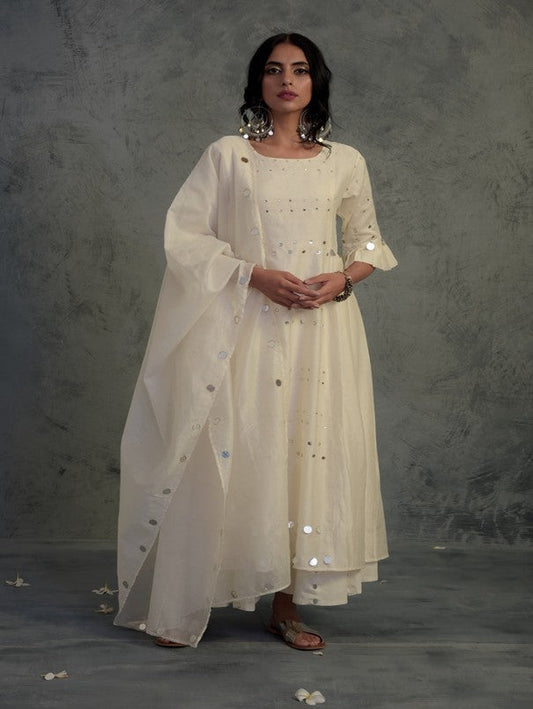Off-white Pleated Kurta Set Of 3 by Charkhee with Chanderi, Cotton, Embellished, Ethnic Wear, Indian Wear, Kurta Palazzo Sets, Kurta Set With Dupatta, Mirror Work, Natural, Relaxed Fit, Tyohaar by Charkhee, White, Womenswear at Kamakhyaa for sustainable fashion