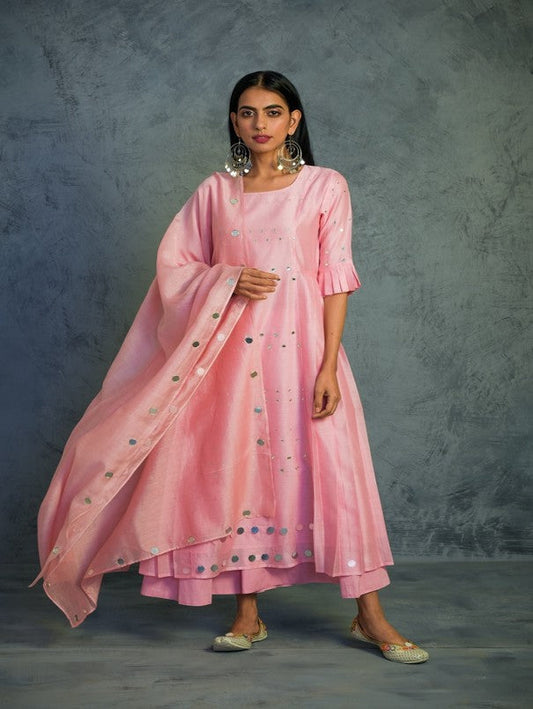 Light Pink Pleated Sleeves Kurta Set by Charkhee with Chanderi, Cotton, Embellished, Ethnic Wear, Indian Wear, Kurta Palazzo Sets, Kurta Set With Dupatta, Mirror Work, Natural, Pink, Relaxed Fit, Tyohaar by Charkhee, Womenswear at Kamakhyaa for sustainable fashion