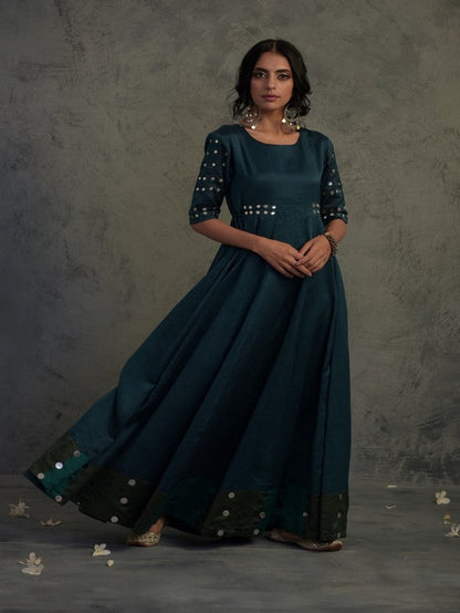 Chanderi Mirror Anarkali- Set Of 2 by Charkhee with Blue, Chanderi, Cotton, Dress Sets, Embellished, Ethnic Wear, Mirror Work, Natural, Relaxed Fit, Tyohaar by Charkhee, Womenswear at Kamakhyaa for sustainable fashion