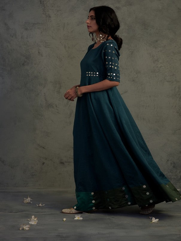 Chanderi Mirror Anarkali- Set Of 2 by Charkhee with Blue, Chanderi, Cotton, Dress Sets, Embellished, Ethnic Wear, Mirror Work, Natural, Relaxed Fit, Tyohaar by Charkhee, Womenswear at Kamakhyaa for sustainable fashion