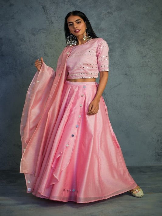 Light Pink Crop Top Wrap Lehenga Set Of 3 by Charkhee with Chanderi, Cotton, Embellished, Ethnic Wear, Indian Wear, Lehenga Sets, Mirror Work, Natural, Pink, Relaxed Fit, Tyohaar by Charkhee, Wedding Gifts, Womenswear at Kamakhyaa for sustainable fashion