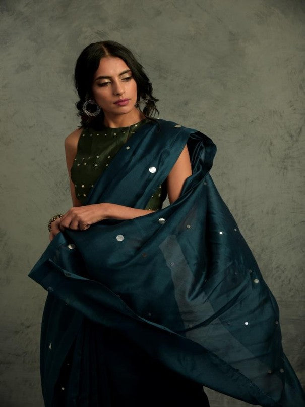 Chanderi Teal Blue Saree With Blouse by Charkhee with Blue, Chanderi, Cotton, Embellished, Ethnic Wear, Green, Indian Wear, Mirror Work, Natural, Relaxed Fit, Saree Sets, Tyohaar by Charkhee, Womenswear at Kamakhyaa for sustainable fashion