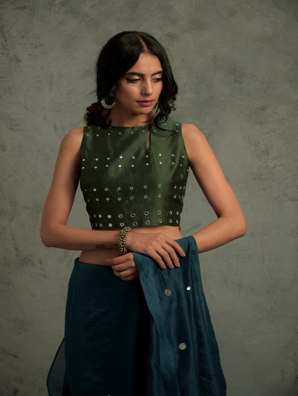 Chanderi Teal Blue Saree With Blouse by Charkhee with Blue, Chanderi, Cotton, Embellished, Ethnic Wear, Green, Indian Wear, Mirror Work, Natural, Relaxed Fit, Saree Sets, Tyohaar by Charkhee, Womenswear at Kamakhyaa for sustainable fashion