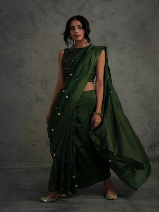 Bottle Green Chanderi Saree With Blouse by Charkhee with Blue, Chanderi, Cotton, Embellished, Ethnic Wear, Green, Indian Wear, Mirror Work, Natural, Relaxed Fit, Saree Sets, Tyohaar by Charkhee, Womenswear at Kamakhyaa for sustainable fashion