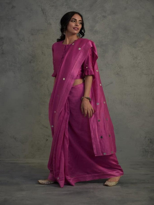Bright Pink Chanderi Saree With Blouse by Charkhee with Chanderi, Cotton, Embellished, Ethnic Wear, Indian Wear, Mirror Work, Natural, Pink, Relaxed Fit, Saree Sets, Sarees, Tyohaar by Charkhee, Womenswear at Kamakhyaa for sustainable fashion