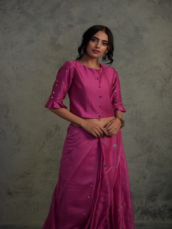 Bright Pink Chanderi Saree With Blouse by Charkhee with Chanderi, Cotton, Embellished, Ethnic Wear, Indian Wear, Mirror Work, Natural, Pink, Relaxed Fit, Saree Sets, Sarees, Tyohaar by Charkhee, Womenswear at Kamakhyaa for sustainable fashion