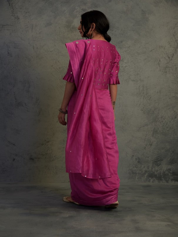 Bright Pink Chanderi Saree With Blouse by Charkhee with Chanderi, Cotton, Embellished, Ethnic Wear, Indian Wear, Mirror Work, Natural, Pink, Relaxed Fit, Saree Sets, Sarees, Tyohaar by Charkhee, Womenswear at Kamakhyaa for sustainable fashion