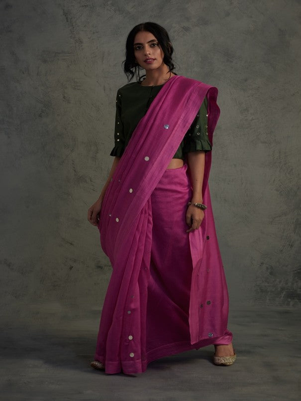 Bright Pink Chanderi Saree Set Of 2 by Charkhee with Chanderi, Cotton, Embellished, Ethnic Wear, Green, Indian Wear, Mirror Work, Natural, Pink, Relaxed Fit, Saree Sets, Tyohaar by Charkhee, Womenswear at Kamakhyaa for sustainable fashion