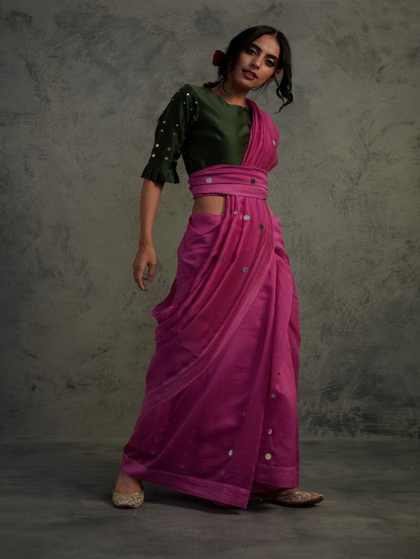 Bright Pink Chanderi Saree Set Of 2 by Charkhee with Chanderi, Cotton, Embellished, Ethnic Wear, Green, Indian Wear, Mirror Work, Natural, Pink, Relaxed Fit, Saree Sets, Tyohaar by Charkhee, Womenswear at Kamakhyaa for sustainable fashion