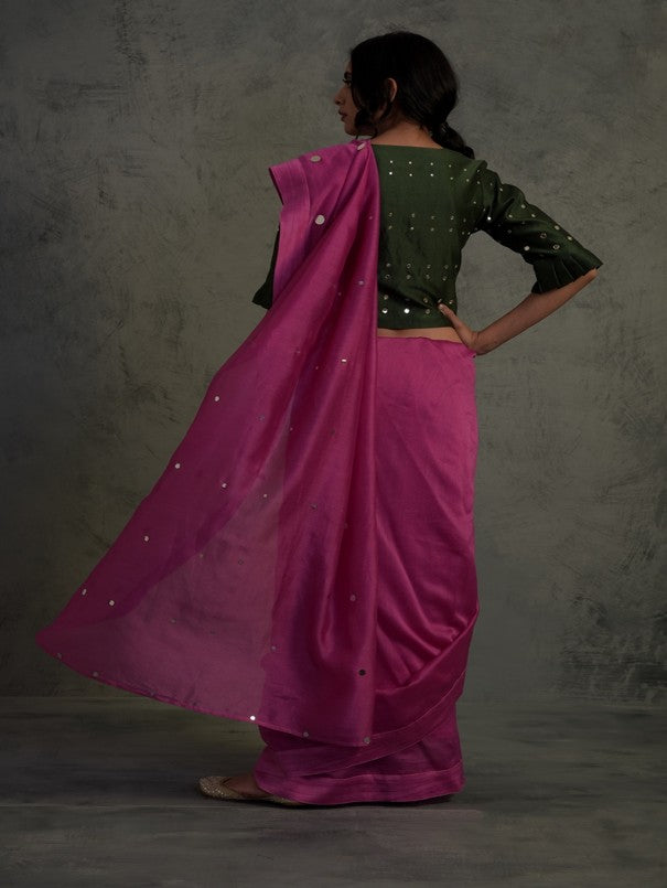 Bright Pink Chanderi Saree Set Of 2 by Charkhee with Chanderi, Cotton, Embellished, Ethnic Wear, Green, Indian Wear, Mirror Work, Natural, Pink, Relaxed Fit, Saree Sets, Tyohaar by Charkhee, Womenswear at Kamakhyaa for sustainable fashion