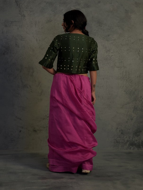 Bright Pink Chanderi Saree Set Of 2 by Charkhee with Chanderi, Cotton, Embellished, Ethnic Wear, Green, Indian Wear, Mirror Work, Natural, Pink, Relaxed Fit, Saree Sets, Tyohaar by Charkhee, Womenswear at Kamakhyaa for sustainable fashion