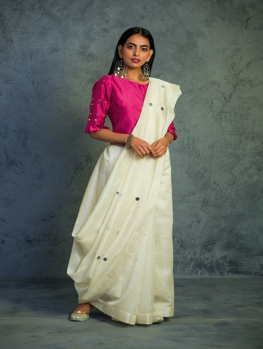 Off-white Chanderi Saree With Blouse by Charkhee with Chanderi, Cotton, Embellished, Ethnic Wear, For Mother, Indian Wear, Mirror Work, Natural, Pink, Relaxed Fit, Saree Sets, Tyohaar by Charkhee, White, Womenswear at Kamakhyaa for sustainable fashion