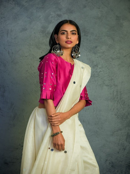 Off-white Chanderi Saree With Blouse by Charkhee with Chanderi, Cotton, Embellished, Ethnic Wear, For Mother, Indian Wear, Mirror Work, Natural, Pink, Relaxed Fit, Saree Sets, Tyohaar by Charkhee, White, Womenswear at Kamakhyaa for sustainable fashion