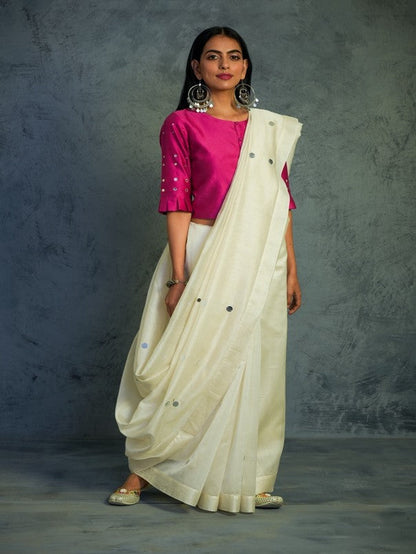 Off-white Chanderi Saree With Blouse by Charkhee with Chanderi, Cotton, Embellished, Ethnic Wear, For Mother, Indian Wear, Mirror Work, Natural, Pink, Relaxed Fit, Saree Sets, Tyohaar by Charkhee, White, Womenswear at Kamakhyaa for sustainable fashion