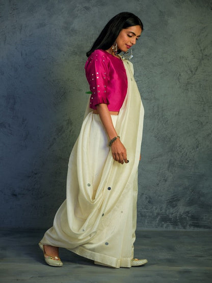 Off-white Chanderi Saree With Blouse by Charkhee with Chanderi, Cotton, Embellished, Ethnic Wear, For Mother, Indian Wear, Mirror Work, Natural, Pink, Relaxed Fit, Saree Sets, Tyohaar by Charkhee, White, Womenswear at Kamakhyaa for sustainable fashion