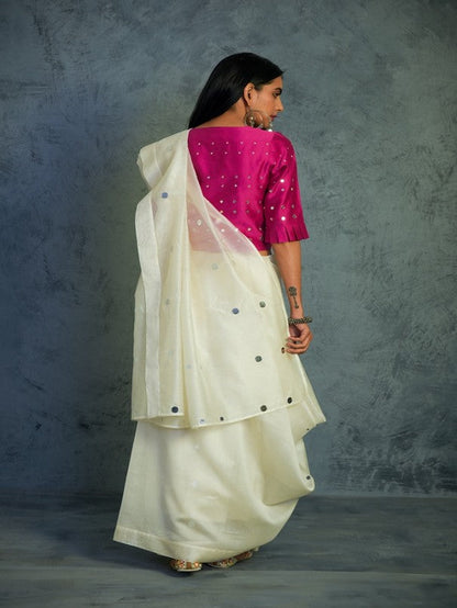 Off-white Chanderi Saree With Blouse by Charkhee with Chanderi, Cotton, Embellished, Ethnic Wear, For Mother, Indian Wear, Mirror Work, Natural, Pink, Relaxed Fit, Saree Sets, Tyohaar by Charkhee, White, Womenswear at Kamakhyaa for sustainable fashion