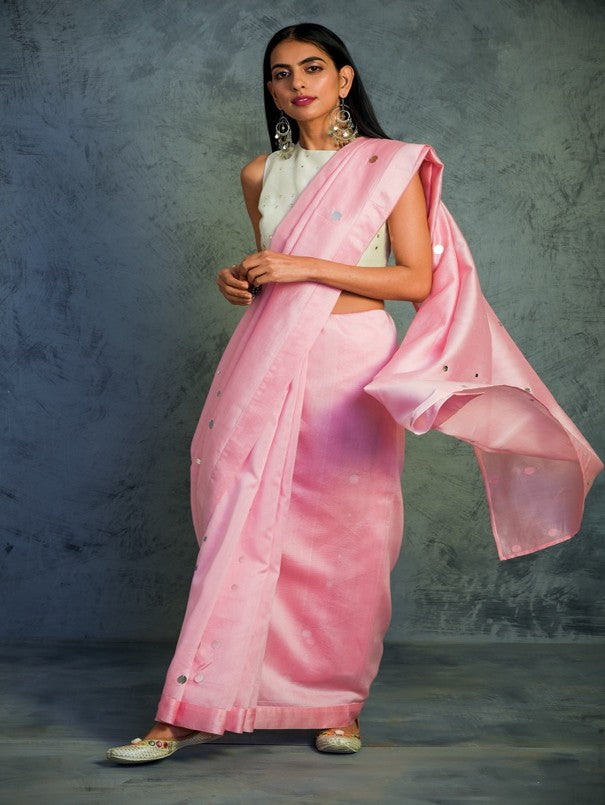 Light Pink Chanderi Saree- Set Of 2 by Charkhee with Chanderi, Cotton, Embellished, Ethnic Wear, Indian Wear, Mirror Work, Natural, Pink, Relaxed Fit, Saree Sets, Tyohaar by Charkhee, Womenswear at Kamakhyaa for sustainable fashion