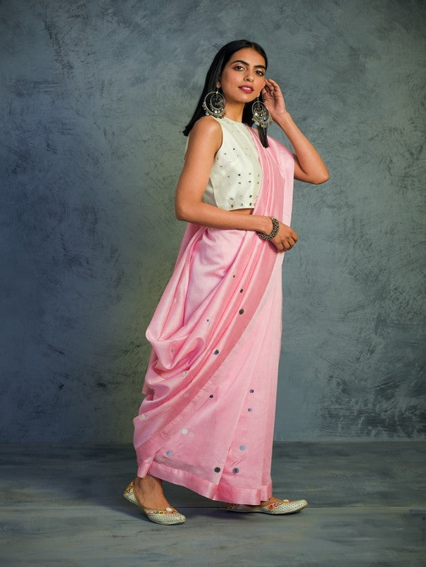 Light Pink Chanderi Saree- Set Of 2 by Charkhee with Chanderi, Cotton, Embellished, Ethnic Wear, Indian Wear, Mirror Work, Natural, Pink, Relaxed Fit, Saree Sets, Tyohaar by Charkhee, Womenswear at Kamakhyaa for sustainable fashion