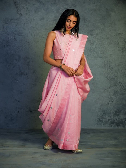 Light Pink Chanderi Saree With Blouse by Charkhee with Chanderi, Cotton, Embellished, Ethnic Wear, Indian Wear, Mirror Work, Natural, Pink, Relaxed Fit, Saree Sets, Tyohaar by Charkhee, Womenswear at Kamakhyaa for sustainable fashion