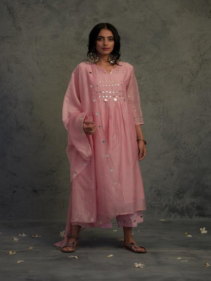 Light Pink Gathered Kurta Set Indian Wear Chanderi, Cotton, Embellished, Ethnic Wear, Kurta Set With Dupattas, Mirror Work, Natural, Pink, Relaxed Fit, Tyohaar Charkhee Kamakhyaa