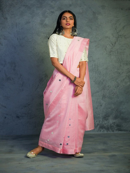 Light Pink Chanderi Saree With White Blouse by Charkhee with Chanderi, Cotton, Embellished, Ethnic Wear, Indian Wear, Mirror Work, Natural, Pink, Relaxed Fit, Saree Sets, Tyohaar by Charkhee, Womenswear at Kamakhyaa for sustainable fashion