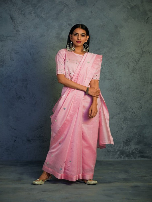 Light Pink Chanderi Saree Set Of 2 by Charkhee with Chanderi, Cotton, Embellished, Ethnic Wear, For Mother, Indian Wear, Mirror Work, Natural, Pink, Relaxed Fit, Saree Sets, Tyohaar by Charkhee, Womenswear at Kamakhyaa for sustainable fashion