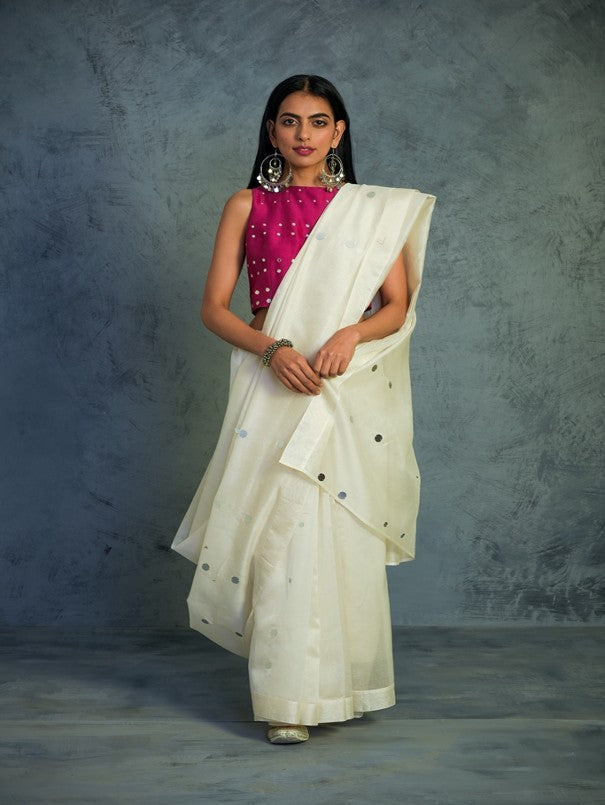 Chanderi Off white Saree With Bright Pink Blouse Kamakhyaa