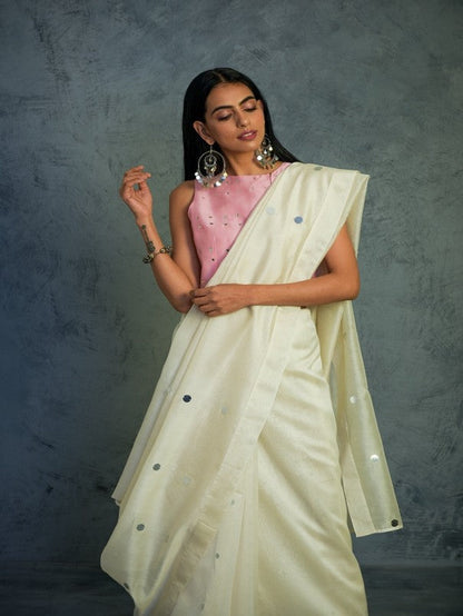 Chanderi Off-white Saree With Light Pink Blouse Set Of 2 Indian Wear Chanderi, Cotton, Embellished, Ethnic Wear, Mirror Work, Natural, Pink, Relaxed Fit, Sarees, Tyohaar, White Charkhee Kamakhyaa
