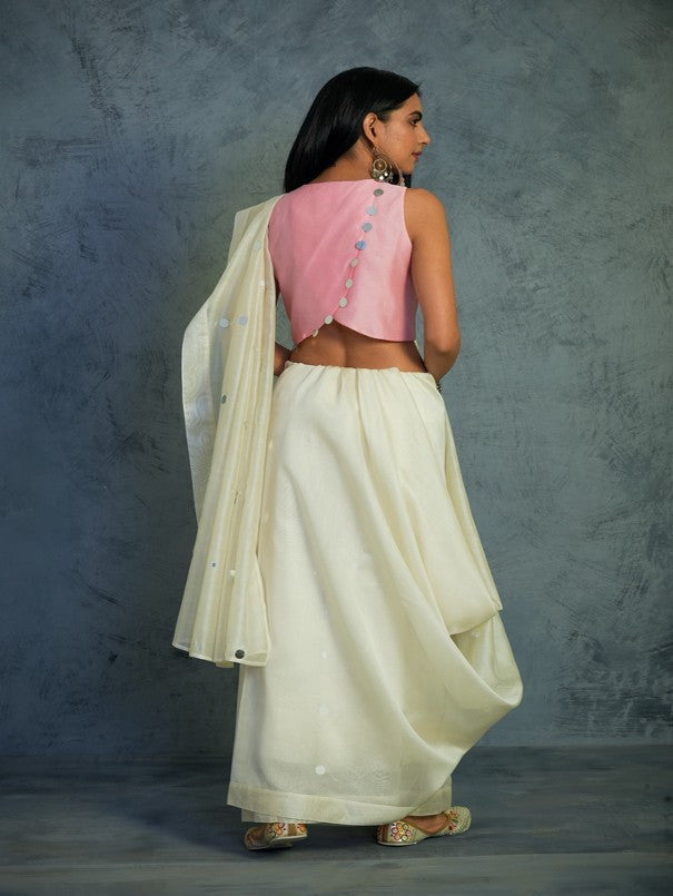 Chanderi Off-white Saree With Light Pink Blouse Set Of 2 Indian Wear Chanderi, Cotton, Embellished, Ethnic Wear, Mirror Work, Natural, Pink, Relaxed Fit, Sarees, Tyohaar, White Charkhee Kamakhyaa
