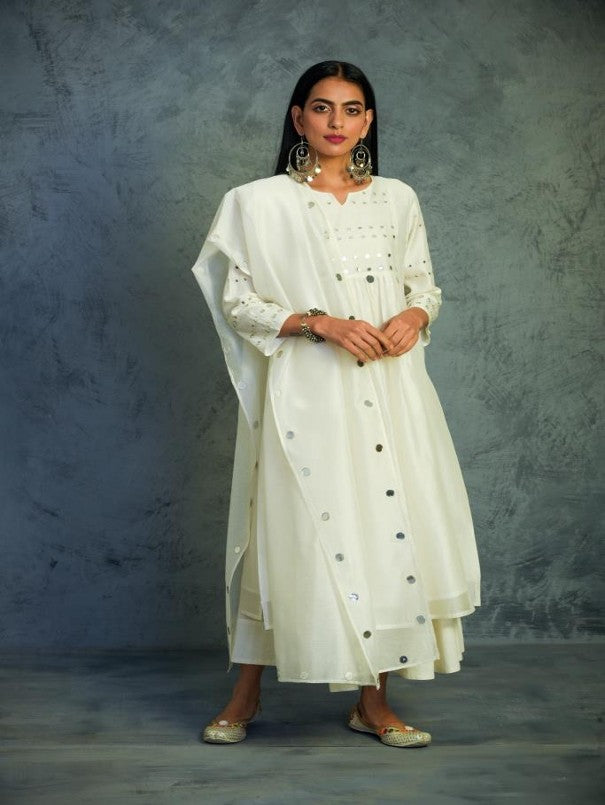 Off-white Gathered Kurta Set by Charkhee with Chanderi, Cotton, Embellished, Ethnic Wear, Indian Wear, Kurta Palazzo Sets, Kurta Set With Dupatta, Mirror Work, Natural, Relaxed Fit, Tyohaar by Charkhee, White, Womenswear at Kamakhyaa for sustainable fashion