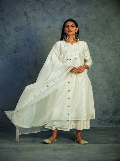 Off-white Gathered Kurta Set by Charkhee with Chanderi, Cotton, Embellished, Ethnic Wear, Indian Wear, Kurta Palazzo Sets, Kurta Set With Dupatta, Mirror Work, Natural, Relaxed Fit, Tyohaar by Charkhee, White, Womenswear at Kamakhyaa for sustainable fashion