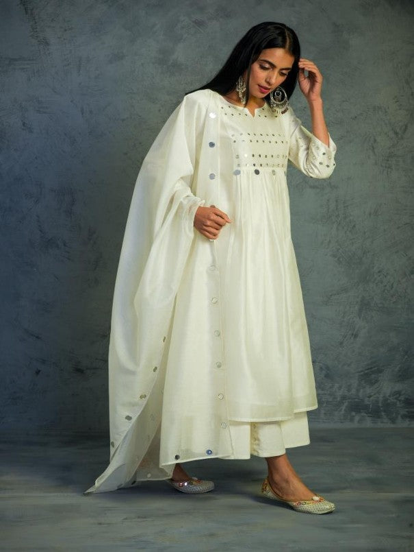 Off-white Gathered Kurta Set by Charkhee with Chanderi, Cotton, Embellished, Ethnic Wear, Indian Wear, Kurta Palazzo Sets, Kurta Set With Dupatta, Mirror Work, Natural, Relaxed Fit, Tyohaar by Charkhee, White, Womenswear at Kamakhyaa for sustainable fashion