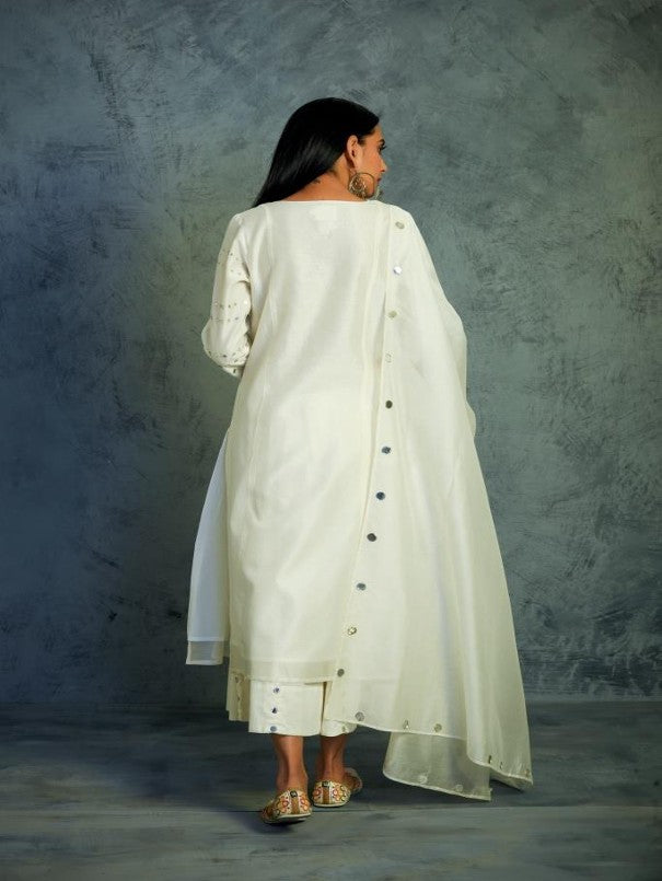 Off-white Gathered Kurta Set by Charkhee with Chanderi, Cotton, Embellished, Ethnic Wear, Indian Wear, Kurta Palazzo Sets, Kurta Set With Dupatta, Mirror Work, Natural, Relaxed Fit, Tyohaar by Charkhee, White, Womenswear at Kamakhyaa for sustainable fashion