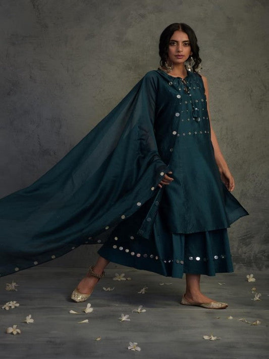 Teal Blue Sleeveless Kurta by Charkhee with Blue, Chanderi, Cotton, Embellished, Ethnic Wear, Indian Wear, Kurta Palazzo Sets, Kurta Set With Dupatta, Mirror Work, Natural, Relaxed Fit, Tyohaar by Charkhee, Womenswear at Kamakhyaa for sustainable fashion