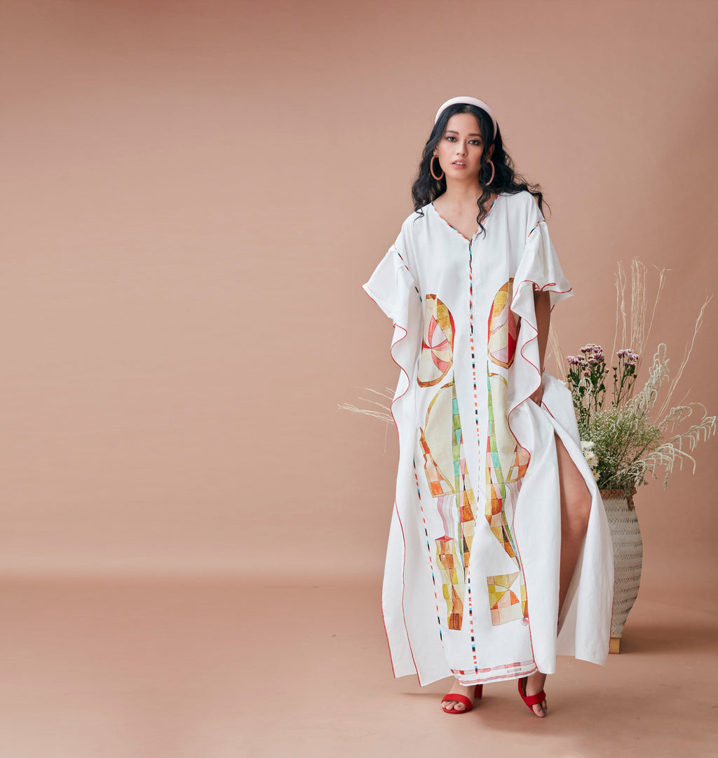 White Cotton Kaftan by Dan Ba with Cotton, July Sale, July Sale 2023, Kaftans, Maxi Dresses, Natural, Prints, Relaxed Fit, Resort Wear, White, Womenswear at Kamakhyaa for sustainable fashion