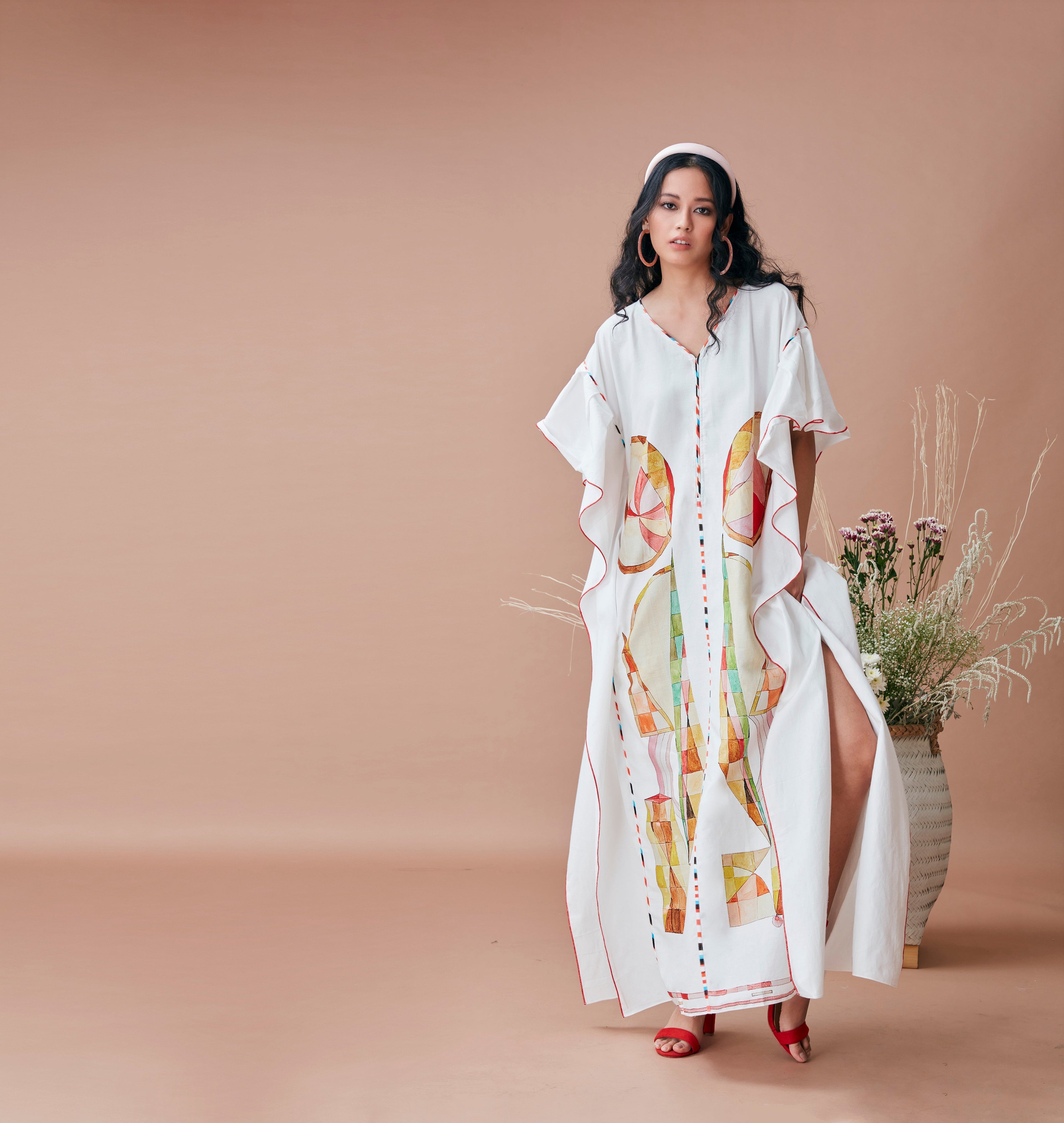 White Cotton Kaftan by Dan Ba with Cotton, July Sale, July Sale 2023, Kaftans, Maxi Dresses, Natural, Prints, Relaxed Fit, Resort Wear, White, Womenswear at Kamakhyaa for sustainable fashion