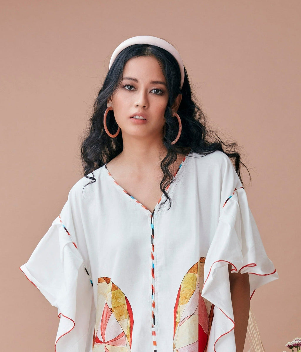 White Cotton Kaftan by Dan Ba with Cotton, July Sale, July Sale 2023, Kaftans, Maxi Dresses, Natural, Prints, Relaxed Fit, Resort Wear, White, Womenswear at Kamakhyaa for sustainable fashion