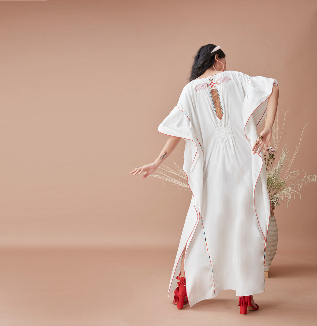 White Cotton Kaftan by Dan Ba with Cotton, July Sale, July Sale 2023, Kaftans, Maxi Dresses, Natural, Prints, Relaxed Fit, Resort Wear, White, Womenswear at Kamakhyaa for sustainable fashion