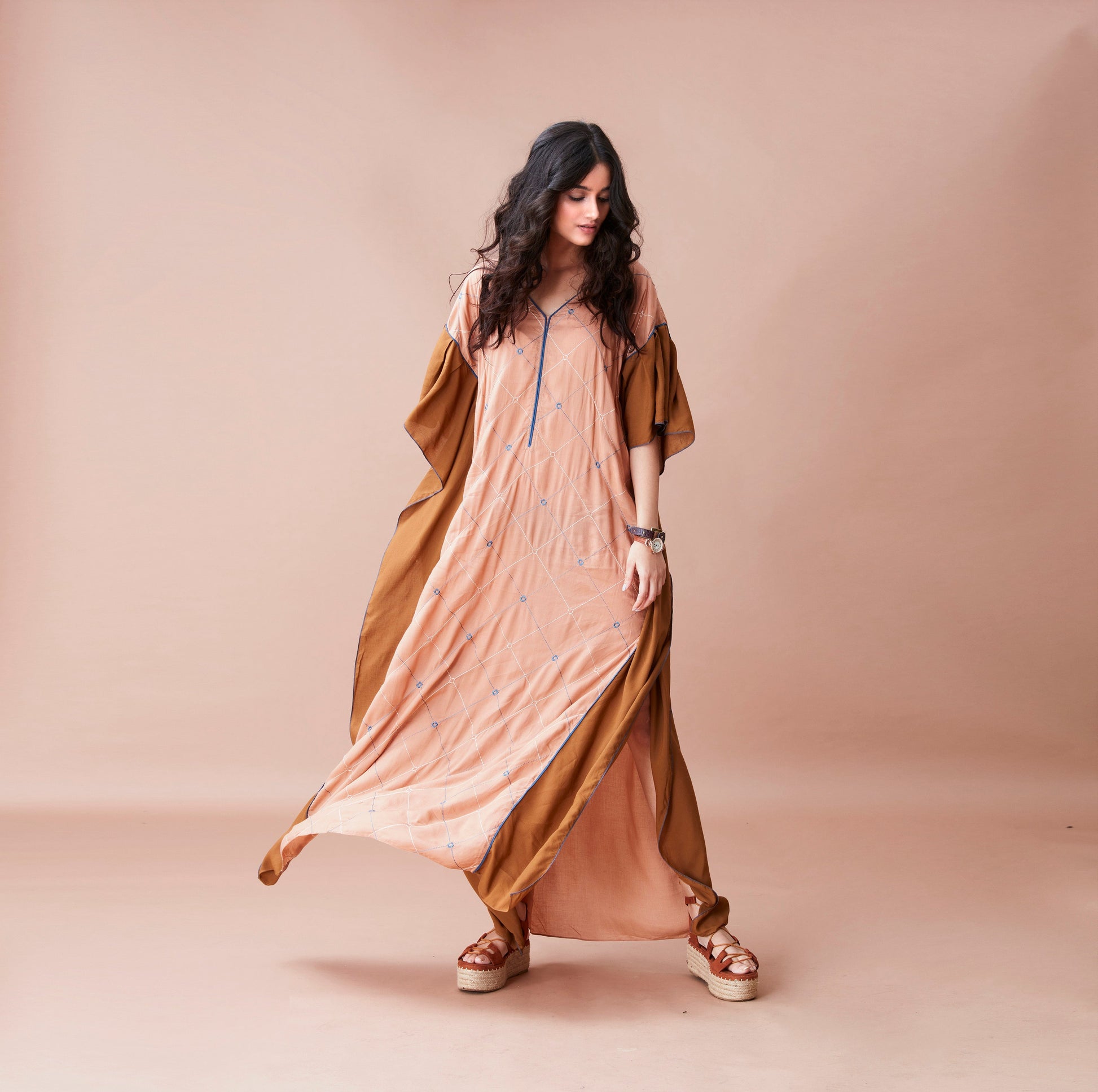 Brown Cotton Kaftan by Dan Ba with Brown, Cotton, fall, July Sale, July Sale 2023, Kaftans, Maxi Dresses, Natural, Relaxed Fit, Resort Wear, Solids, Womenswear at Kamakhyaa for sustainable fashion