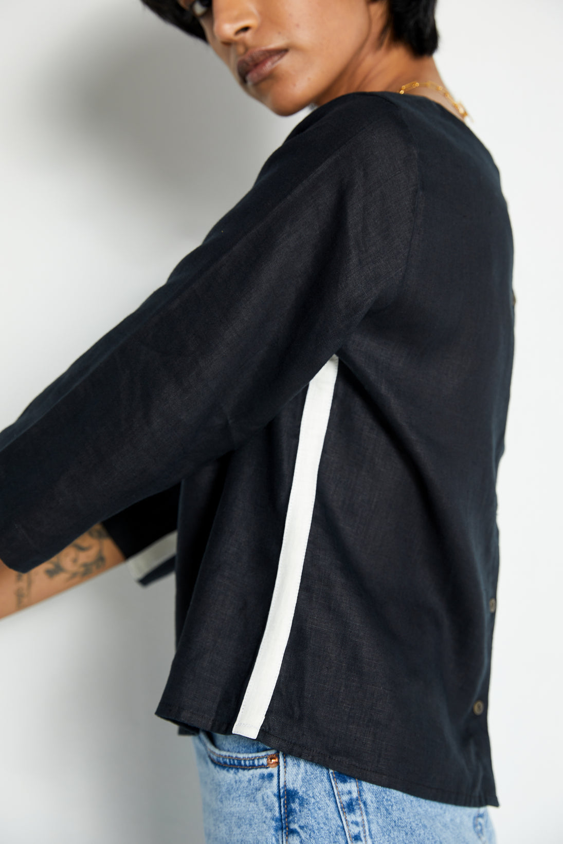 The Bold Stripe Top by Reistor with Black, Blouses, Crop Tops, Hemp, Hemp Noir by Reistor, Natural, Office Wear, Regular Fit, Solids, Tops, Womenswear at Kamakhyaa for sustainable fashion