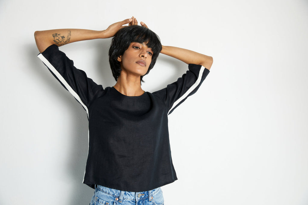 The Bold Stripe Top by Reistor with Black, Blouses, Crop Tops, Hemp, Hemp Noir by Reistor, Natural, Office Wear, Regular Fit, Solids, Tops, Womenswear at Kamakhyaa for sustainable fashion