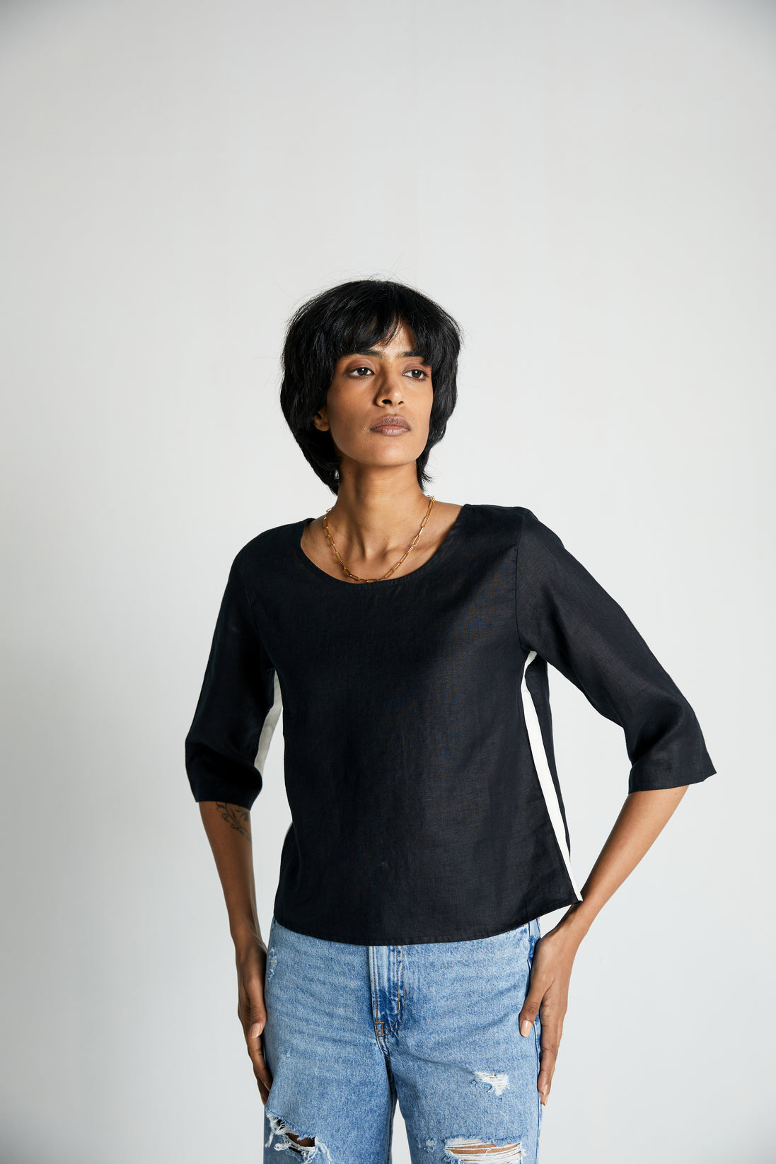 The Bold Stripe Top by Reistor with Black, Blouses, Crop Tops, Hemp, Hemp Noir by Reistor, Natural, Office Wear, Regular Fit, Solids, Tops, Womenswear at Kamakhyaa for sustainable fashion