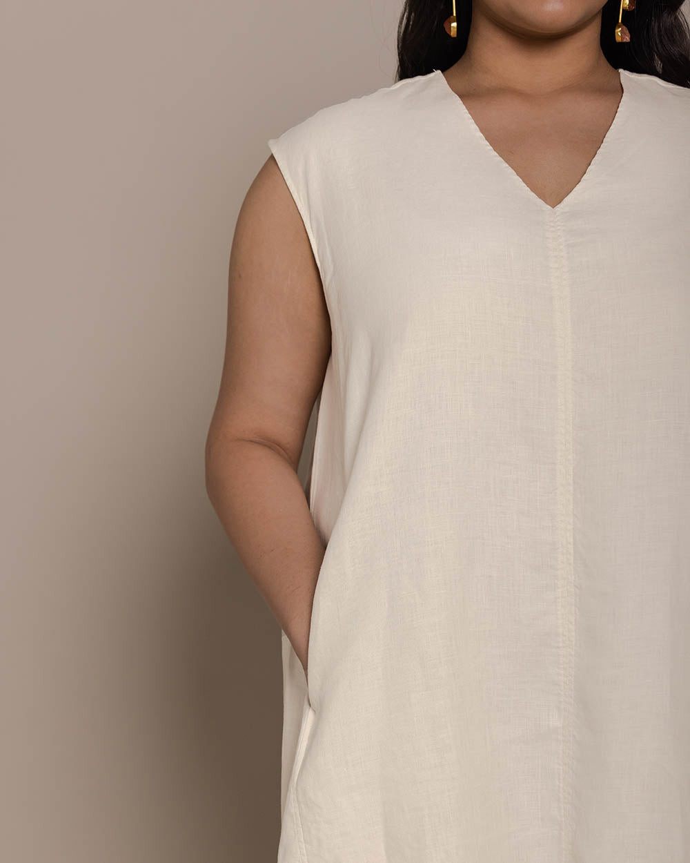 The Musical Dusk Dress - Shell Off White by Reistor with Best Selling, Casual Wear, Hemp, Hemp by Reistor, Mini Dresses, Natural, Sleeveless Dresses, Solids, White, Womenswear at Kamakhyaa for sustainable fashion