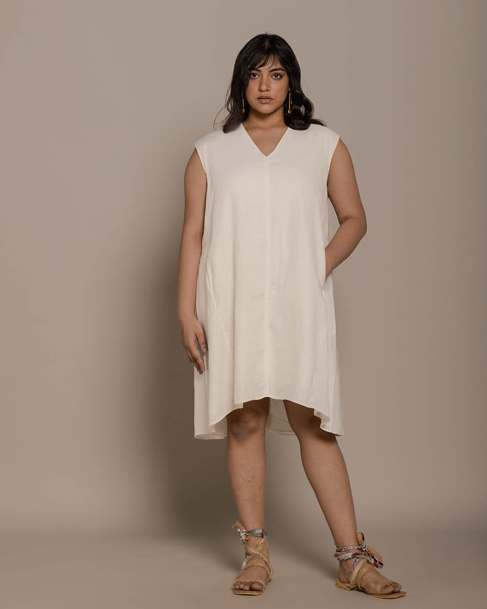 The Musical Dusk Dress - Shell Off White by Reistor with Best Selling, Casual Wear, Hemp, Hemp by Reistor, Mini Dresses, Natural, Sleeveless Dresses, Solids, White, Womenswear at Kamakhyaa for sustainable fashion