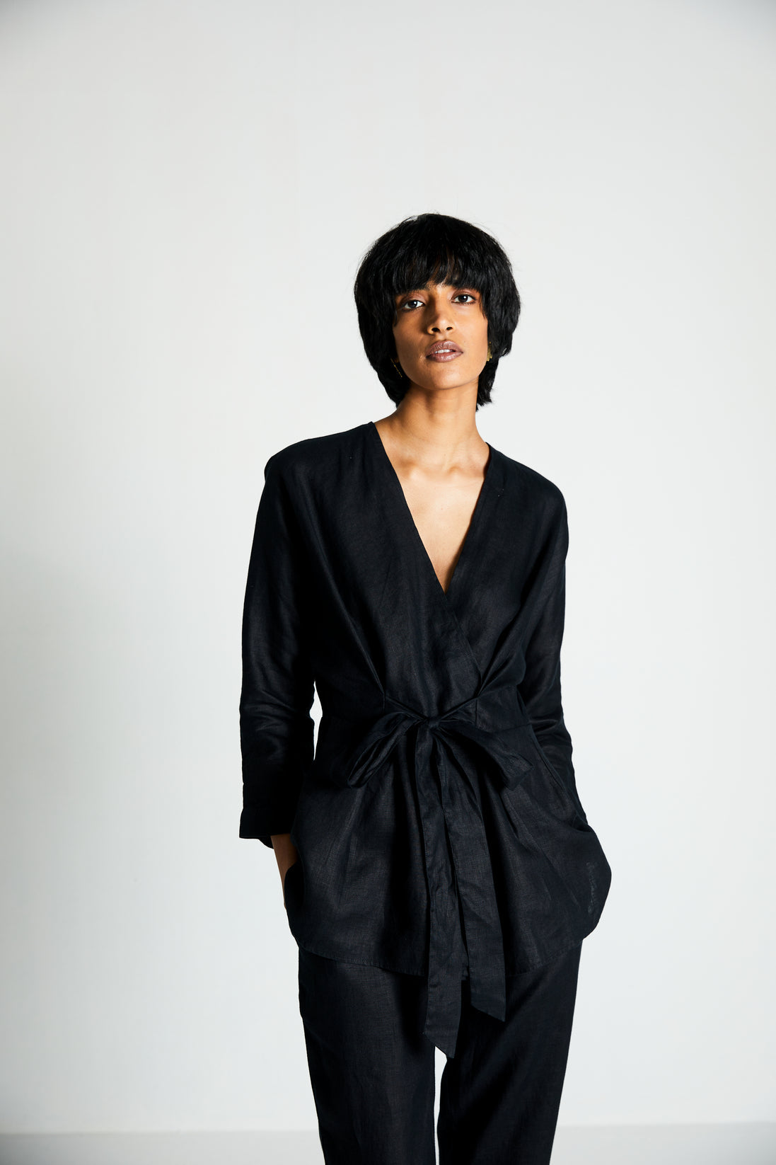 The Power Moves Wrap top by Reistor with Black, Casual Wear, Hemp, Hemp Noir by Reistor, Natural, Regular Fit, Solids, Tops, Womenswear, Wrap Tops at Kamakhyaa for sustainable fashion