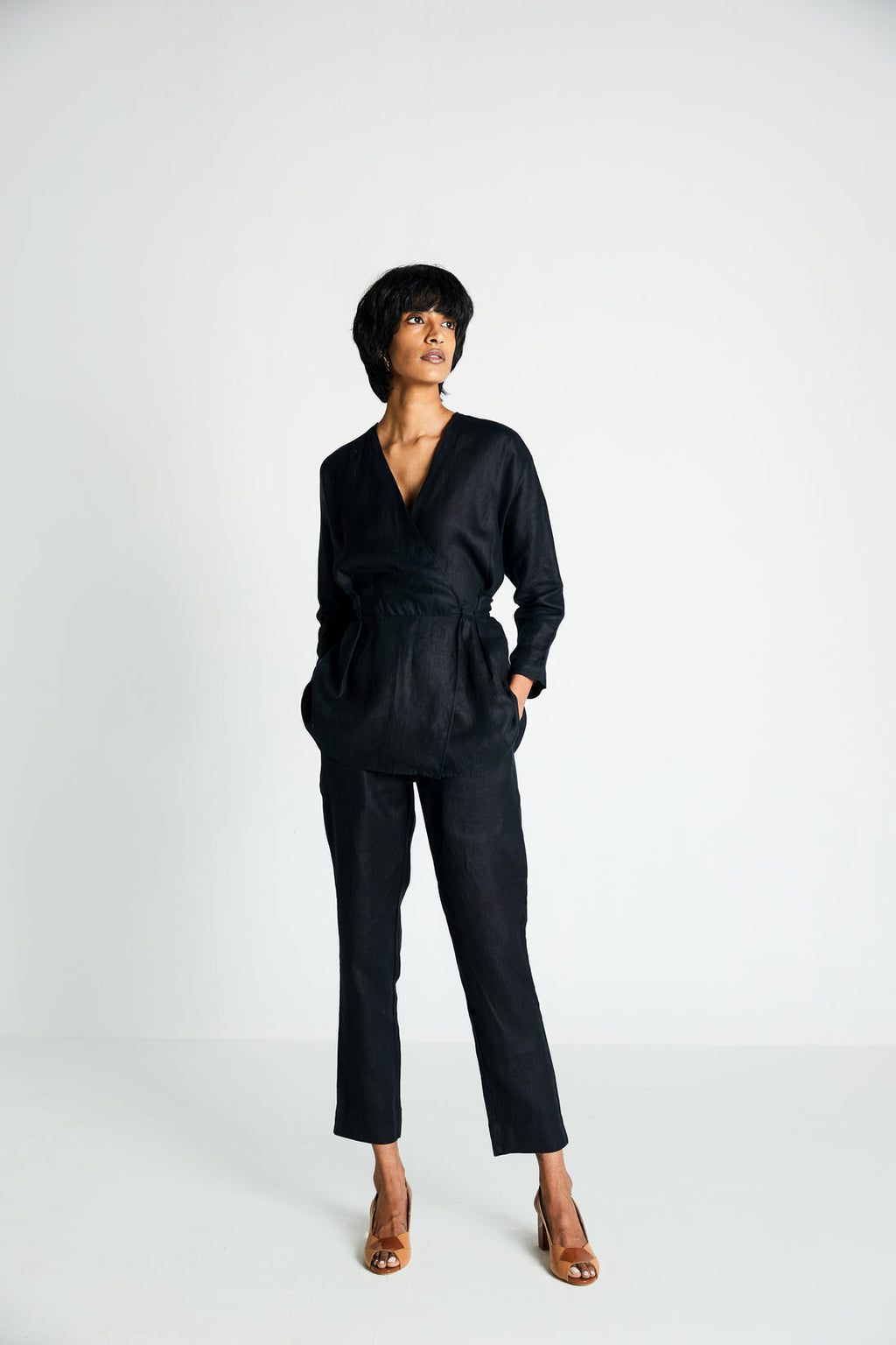 The Power Moves Wrap top by Reistor with Black, Casual Wear, Hemp, Hemp Noir by Reistor, Natural, Regular Fit, Solids, Tops, Womenswear, Wrap Tops at Kamakhyaa for sustainable fashion