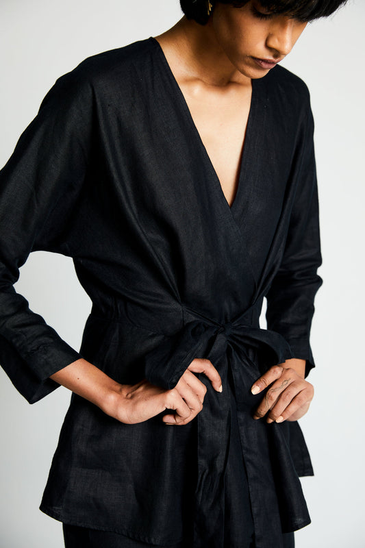 The Power Moves Wrap top by Reistor with Black, Casual Wear, Hemp, Hemp Noir by Reistor, Natural, Regular Fit, Solids, Tops, Womenswear, Wrap Tops at Kamakhyaa for sustainable fashion